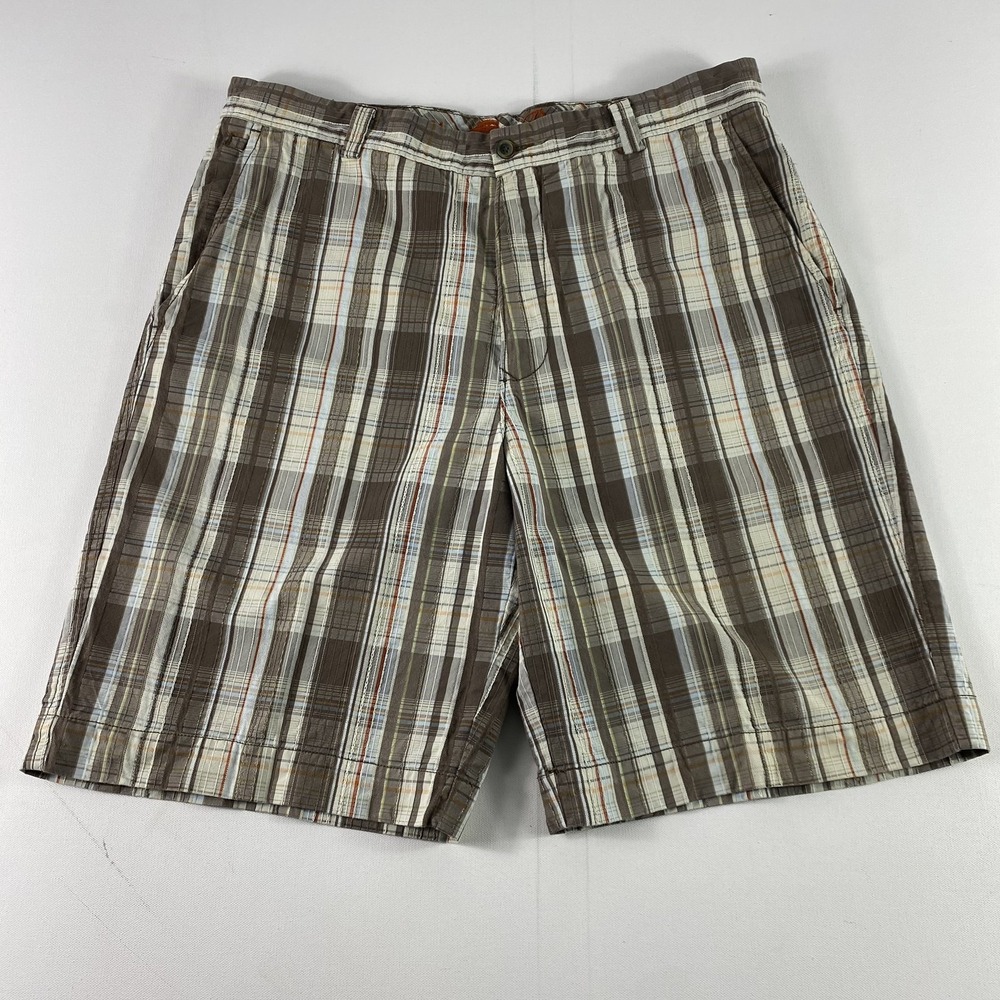 Tommy Bahama Shorts Mens 36 Brown Plaid Silk Blend Flat Front Casual Bermuda